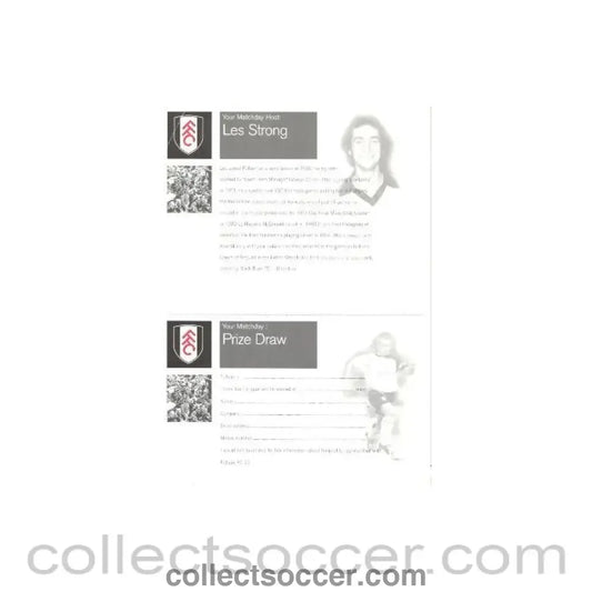 Fulham - Les Strong flyer with biograpgy and a Prize Draw Form