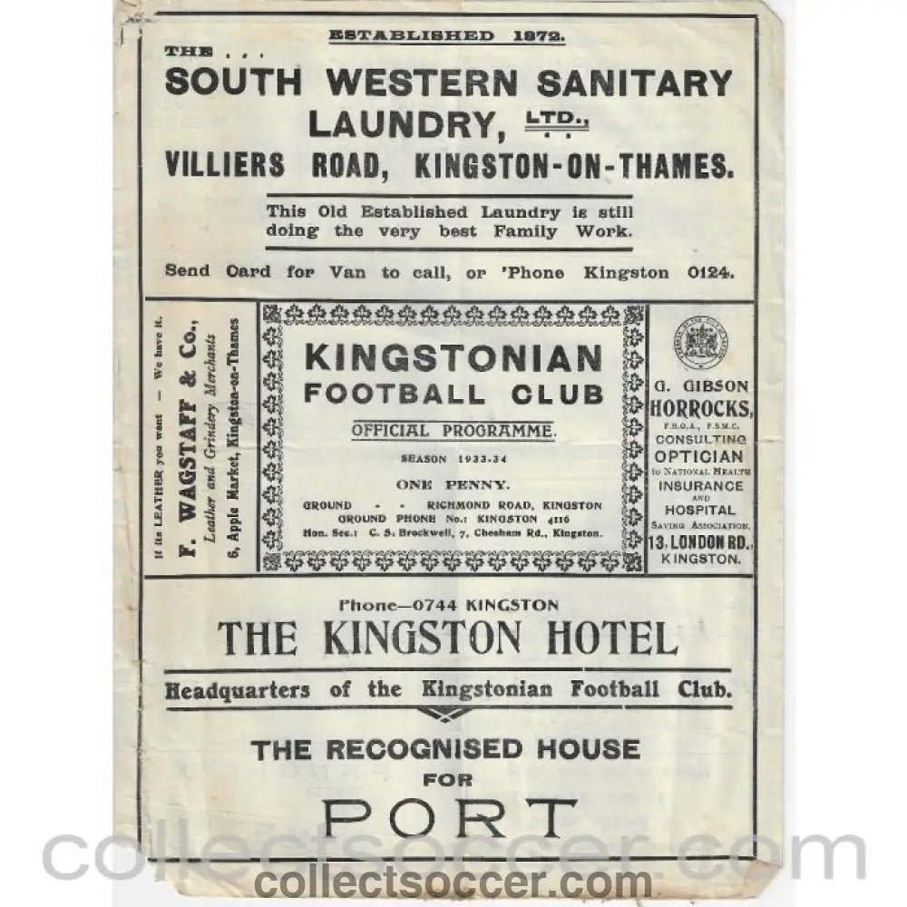 Kingstonian v Wimbledon FA Amateur Cup 2nd Round 13/1/1934 Official Programme - Collect Soccer