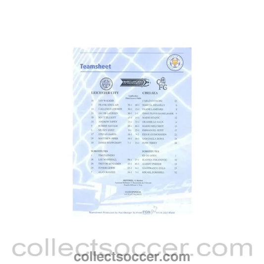 Leicester City v Chelsea official colour teamsheet - Collect Soccer