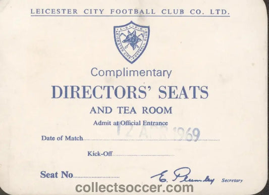 Leicester City v Liverpool 12/04/1969 Directors Seat Ticket - Collect Soccer