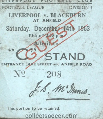 Liverpool v Blackburn 14/12/1963 Football Ticket - Collect Soccer
