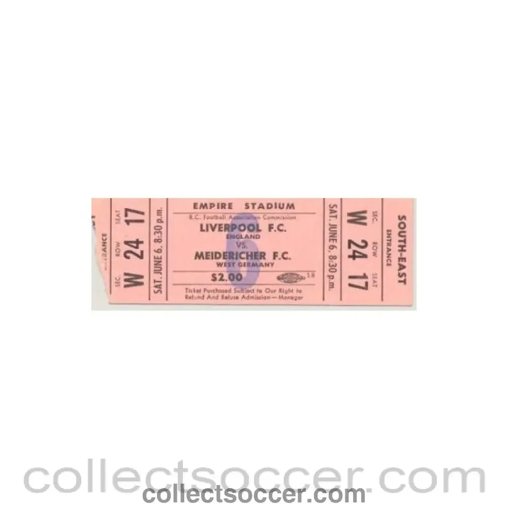 Liverpool v Meidericher West Germany ticket stub match played in the USA
