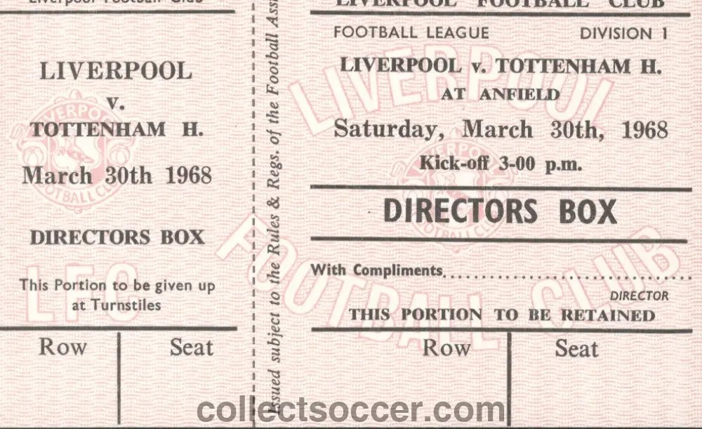 Liverpool V Tottenham Hotspur 30/3/1968 Mint Unused Ticket - Collect Soccer