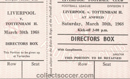 Liverpool V Tottenham Hotspur 30/3/1968 Mint Unused Ticket - Collect Soccer