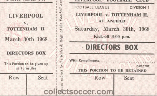 Liverpool V Tottenham Hotspur 30/3/1968 Mint Unused Ticket - Collect Soccer