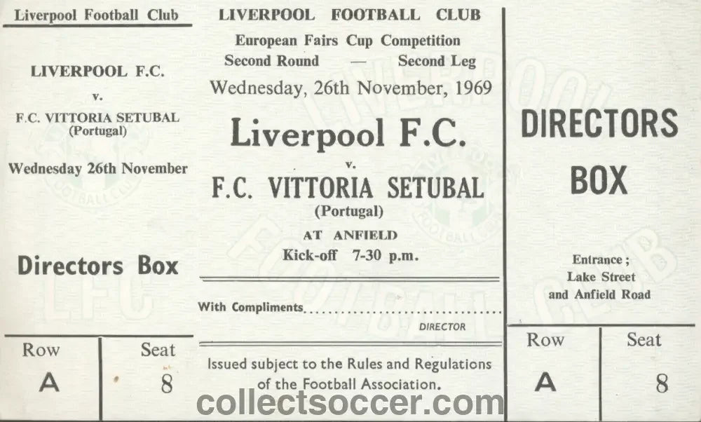 Liverpool v Vitoria Setubal 26/11/1969 Rare Mint Ticket - Collect Soccer