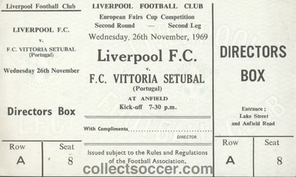 Liverpool v Vitoria Setubal 26/11/1969 Rare Mint Ticket - Collect Soccer