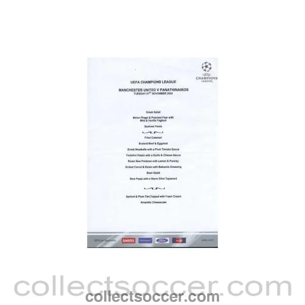 Menu Manchester United V Pantinaikos Rare Official UEFA Edition Edition - Collect Soccer