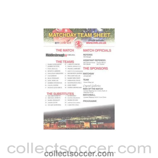 Middlesbrough v Chelsea official colour teamsheet