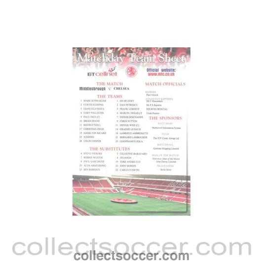 Middlesbrough v Chelsea official colour teamsheet