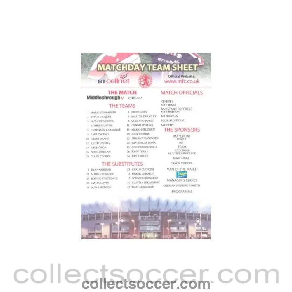 Middlesbrough v Chelsea official colour teamsheet - Collect Soccer