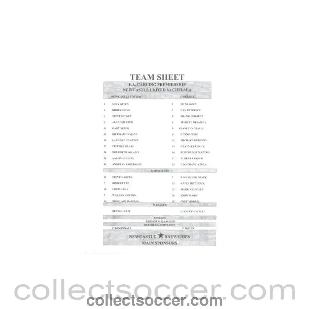 Newcastle United v Chelsea teamsheet Carling Premiership - Collect Soccer