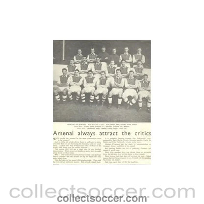 Newspaper cutting - article titled "Arsenal Always Attract the Critics" and a team photograph titled "Arsenal on Parade" - Collect Soccer