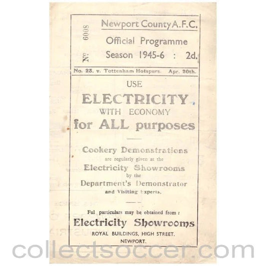 1946 Newport County v Tottenham Hotspur Official Programme - Collect Soccer