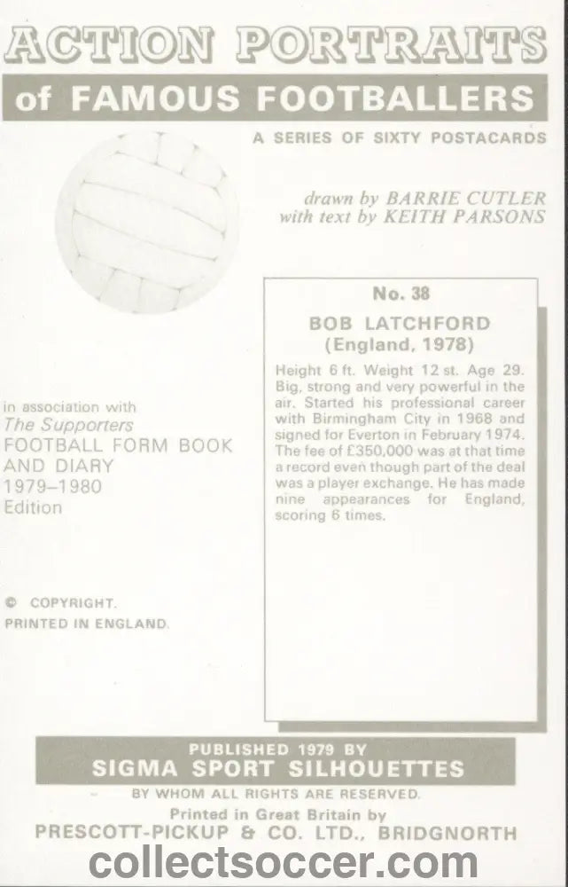 Original Sigma Card Bob Latchford England Birmingham City and Everton Darker More Usual Background in Mint Condition
