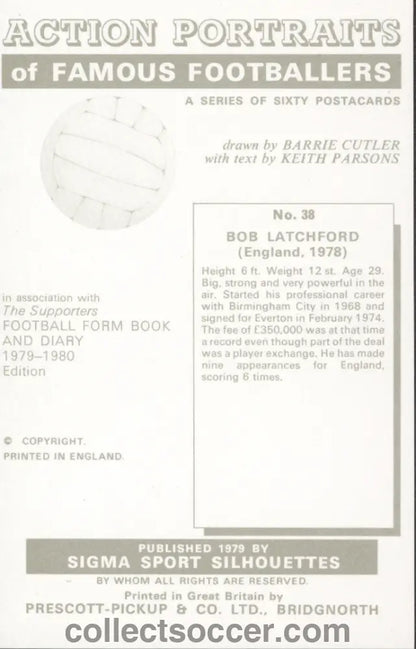 Original Sigma Card Bob Latchford England Birmingham City and Everton Darker More Usual Background in Mint Condition