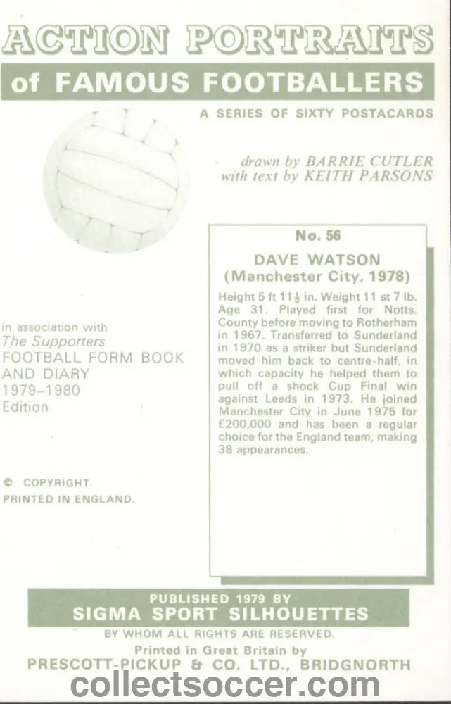 Original Sigma Card Dave Watson of Manchester Cityin Mint Condition