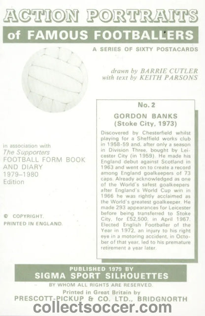Original Sigma Card Gordon Banks of England and Stoke City in Mint Condition