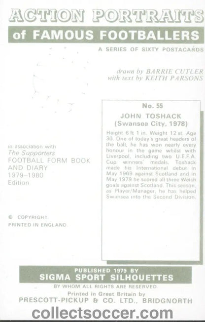 Original Sigma Card John Toshack Swansea, Cardiff and Liverpool Mint Condition - Collect Soccer