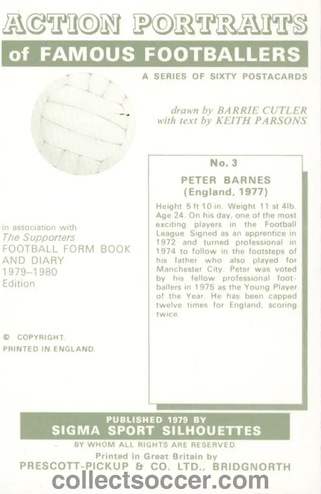 Original Sigma Card Peter Barnes England and West Bromwich Albion in Mint Condition