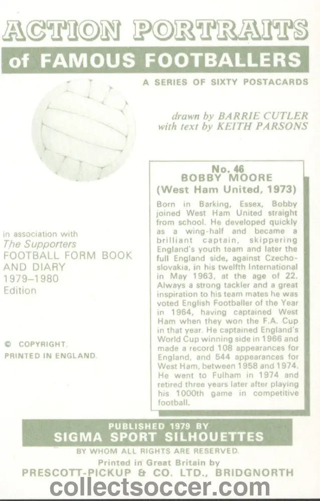 Original Sigma Sports Card Bobby Moore West Ham United Mint Condition - Collect Soccer