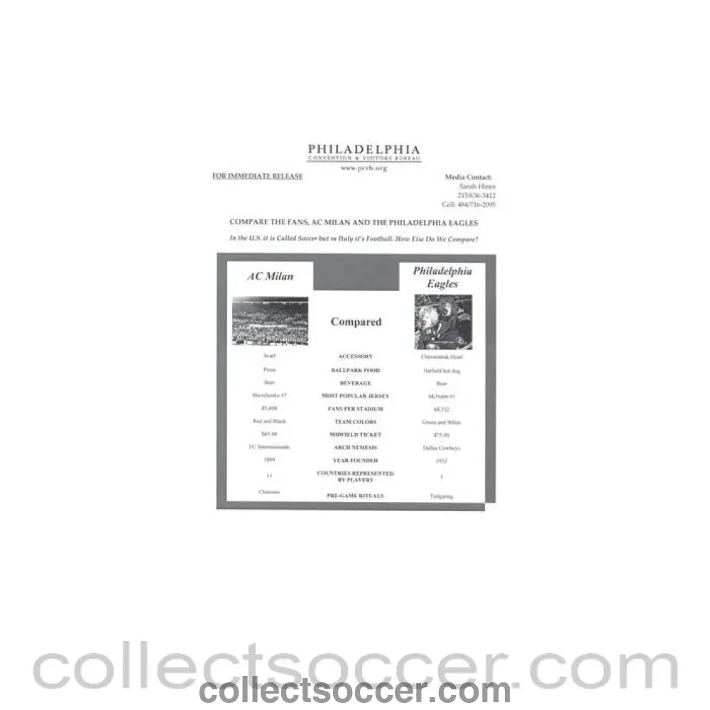 Philadelphia Eagles v Milan Compare the Fans sheet of a match played in Philadelphia - Collect Soccer