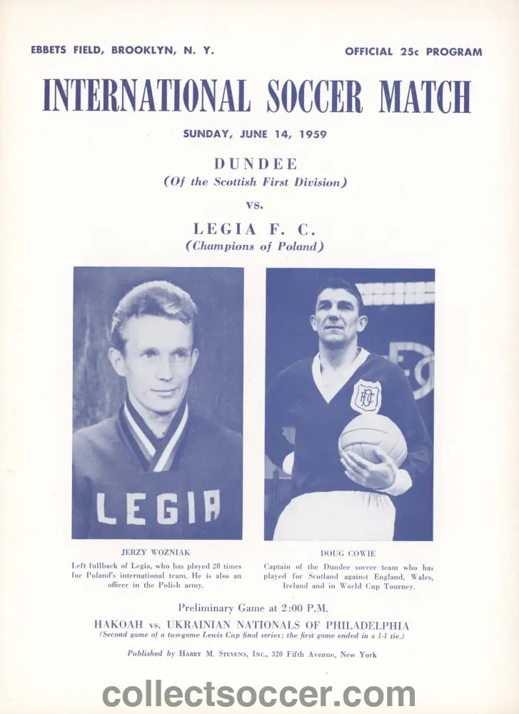 Played in the USA Dundee v Legia Warsaw Official Programme 14/6/1959