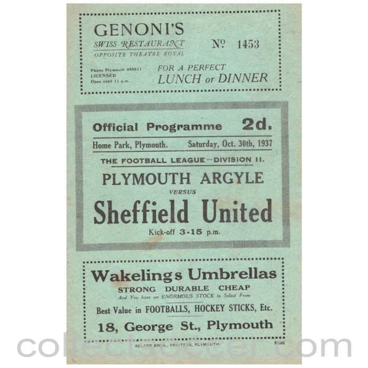 1937 Plymouth Argyle v Sheffield United Football Programe - Collect Soccer