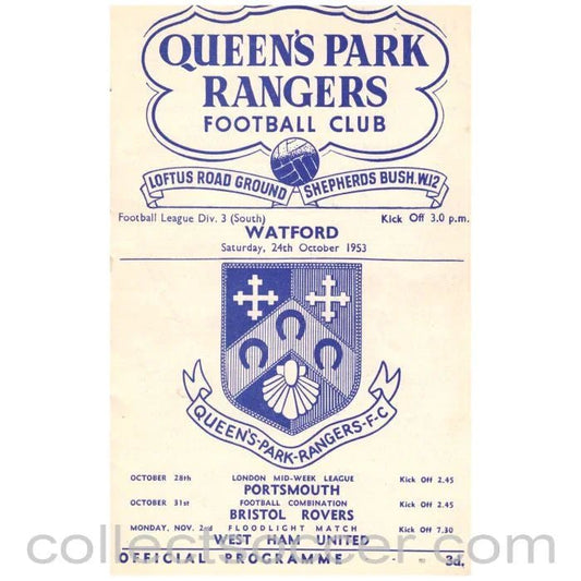1953 Queen's Park Rangers v Watford Football Programme - Collect Soccer
