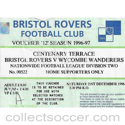 1996 - Bristol Rovers v Wycombe Wanderers 21/12/1996 Match Ticket - Collect Soccer