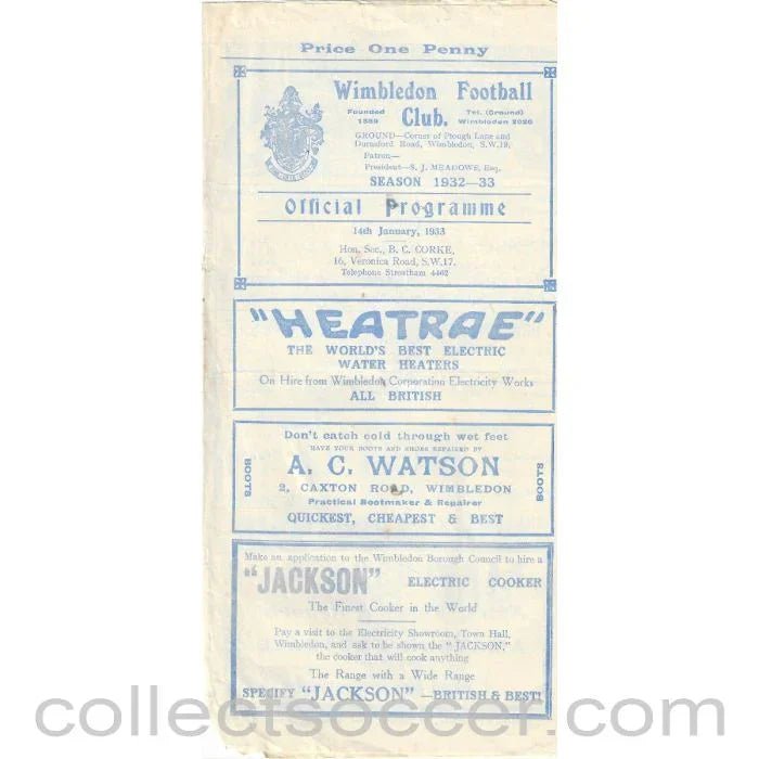 1933 - Wimbledon v Hayes FA Amateur Cup 14/1/1933 Official Programme - Collect Soccer