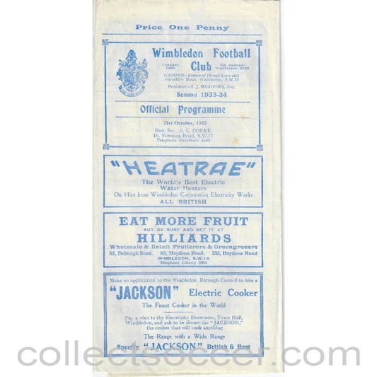 1933 - Wimbledon v Dulwich Hamlet 21/10/1933 Official Programme - Collect Soccer