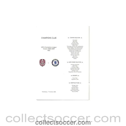 SFR.Cluj v Chelsea Menu 01/10/2008