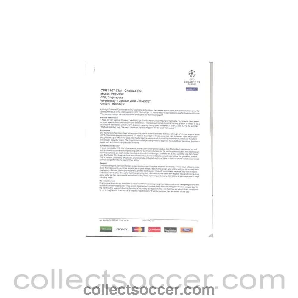 SFR Cluj v Chelsea PressKit 01/10/2008 - Collect Soccer