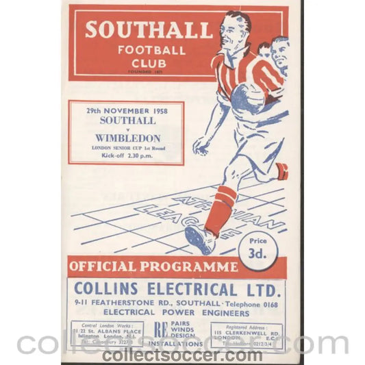 Southall v Wimbledon LSC 29/11/1958 Official Programme - Collect Soccer