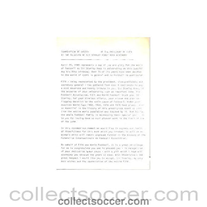 Translation of speech of the President of FIFA at the ocasion of Sir Stanley Rous 90th birthday - Collect Soccer