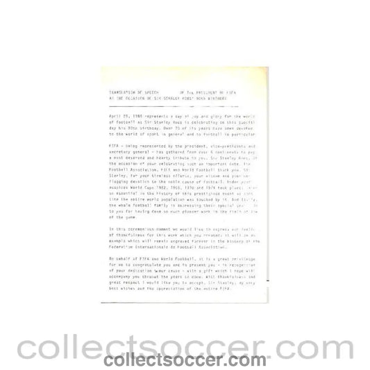 Translation of speech of the President of FIFA at the ocasion of Sir Stanley Rous 90th birthday - Collect Soccer