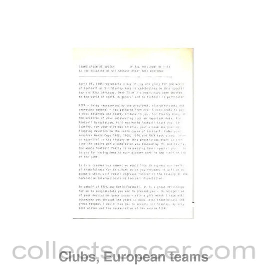 Translation of speech of the President of FIFA at the ocasion of Sir Stanley Rous 90th birthday