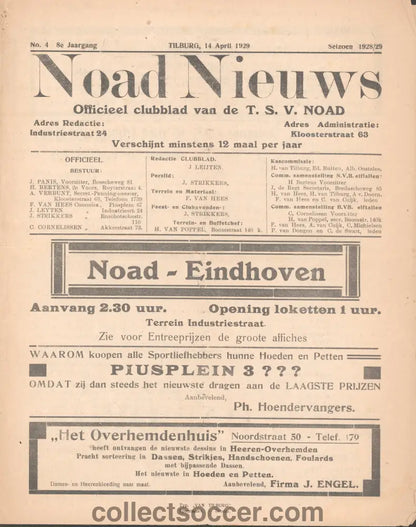 TSV NOAD FC Tilburg v PSV Eindhoven 14/4/1929 Football Programme