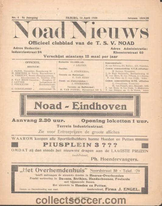 TSV NOAD FC Tilburg v PSV Eindhoven 14/4/1929 Football Programme