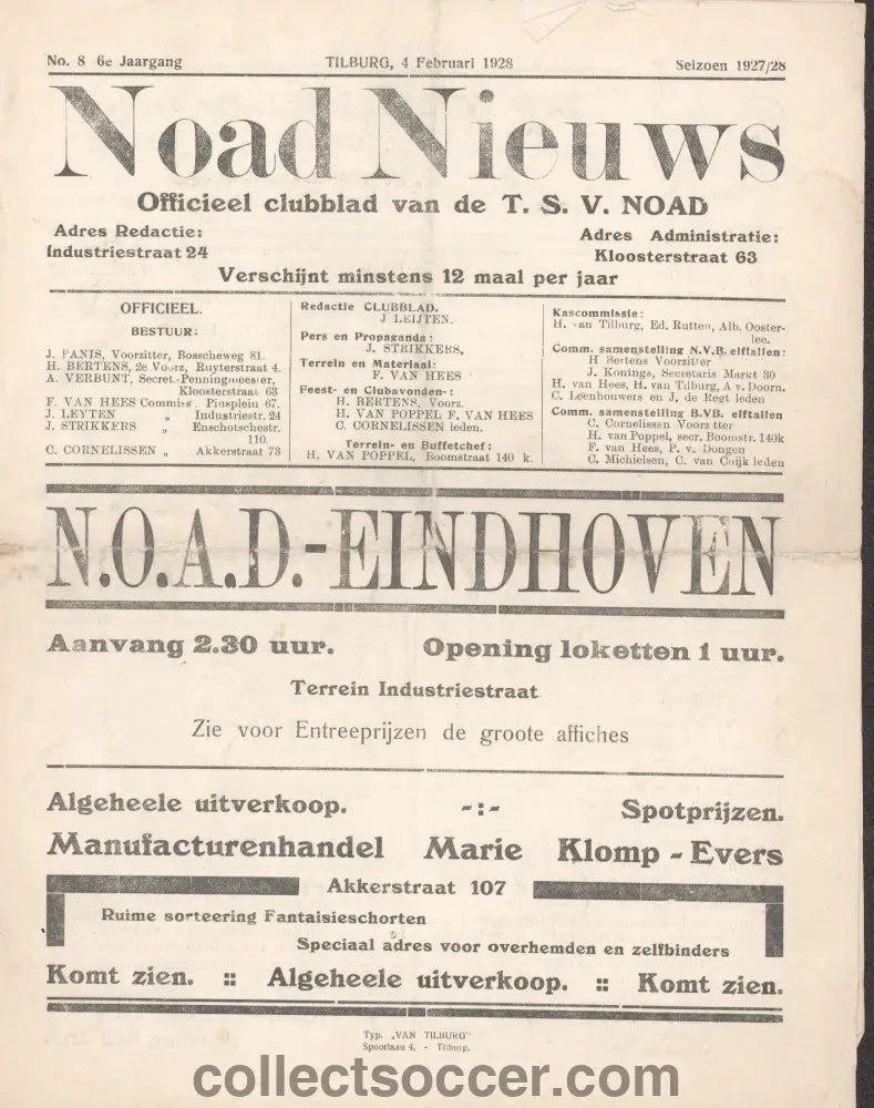 TSV NOAD FC Tilburg v PSV Eindhoven 4/2/1928 Football Programme
