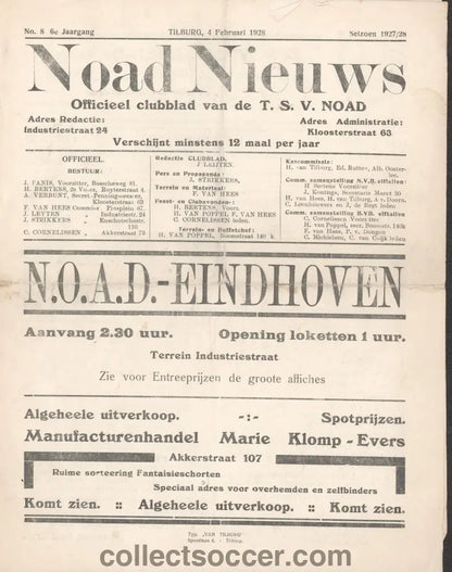 TSV NOAD FC Tilburg v PSV Eindhoven 4/2/1928 Football Programme