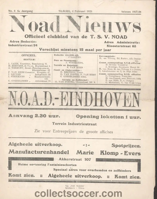TSV NOAD FC Tilburg v PSV Eindhoven 4/2/1928 Football Programme