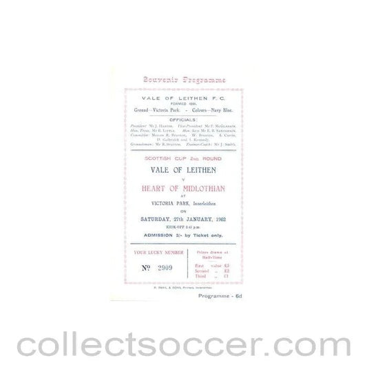 1962 - Vale of Leithen v Heart of Midlothian official programme 27/01/1962 Scottish Cup - Collect Soccer
