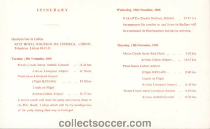Very Rare Liverpool Player Itinerary Vitoria Setubal v Liverpool 1969 - Collect Soccer