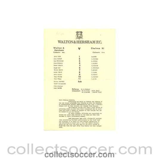 Walton & Hersham v Chelsea XI official teamsheet - Collect Soccer