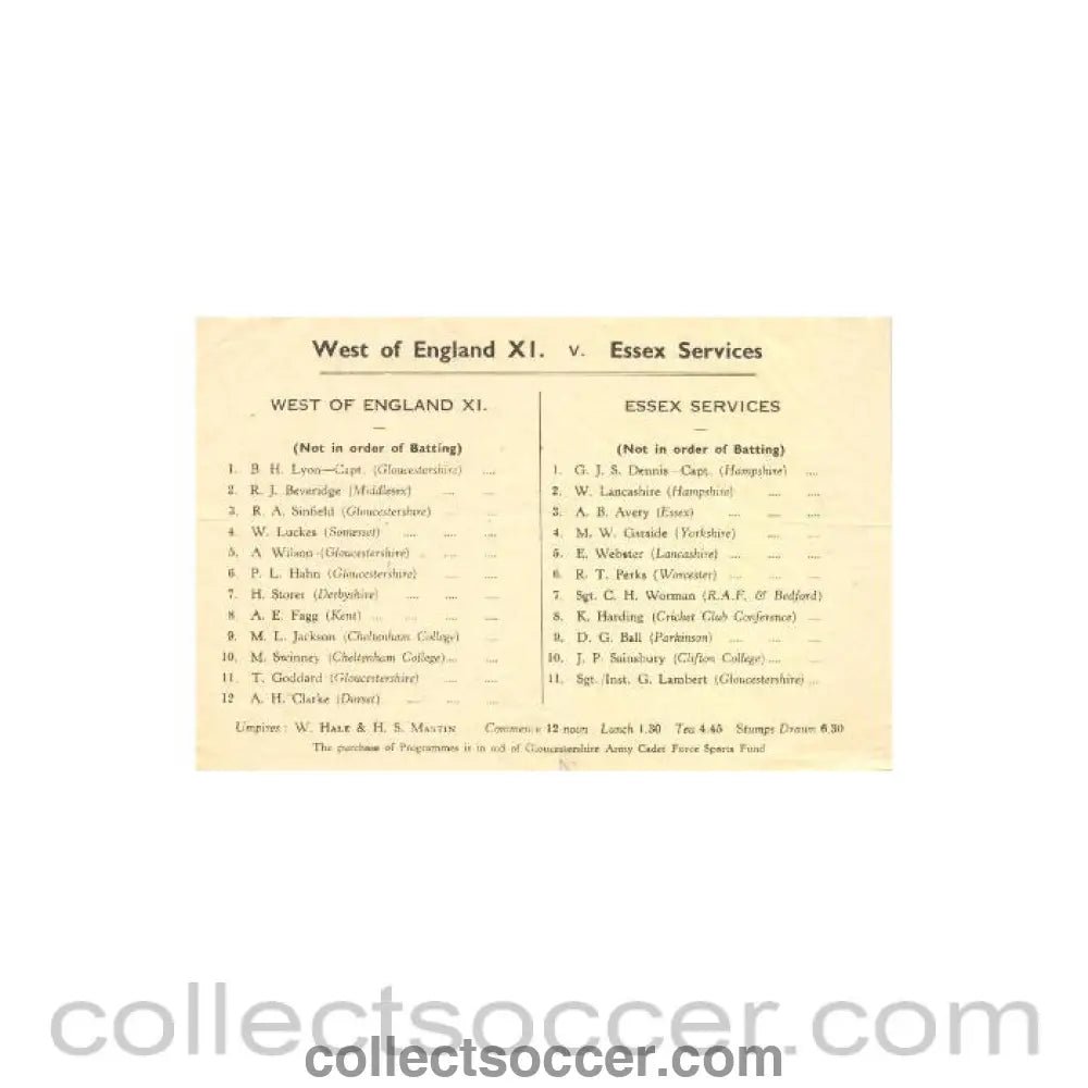 West of England XI v Essex Services cricket teamsheet - Collect Soccer