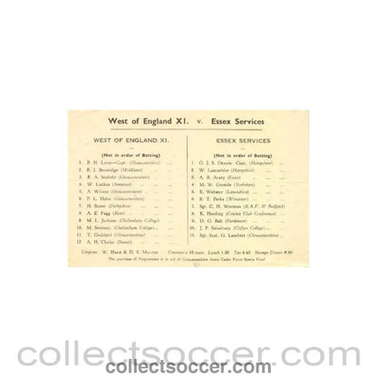West of England XI v Essex Services cricket teamsheet - Collect Soccer