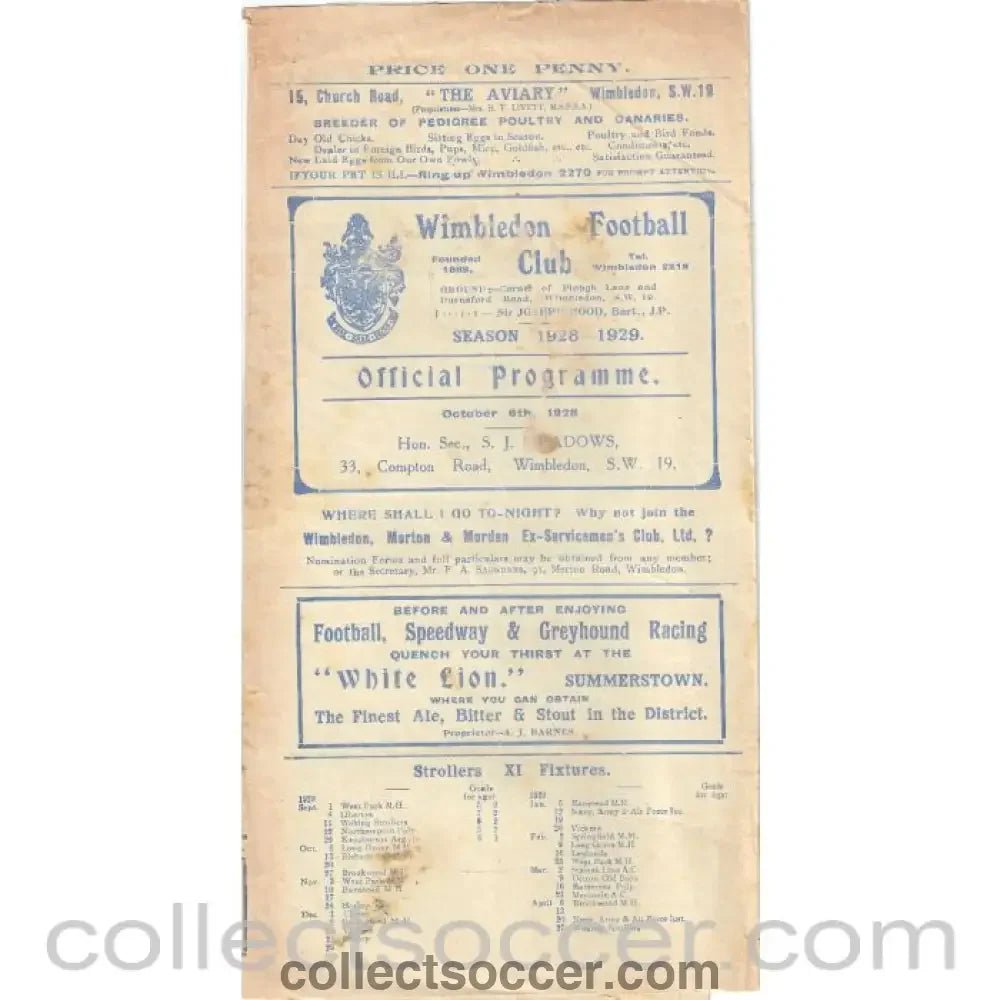 Wimbledon v Leyton LCC 6/10/1928 Official Programme - Collect Soccer