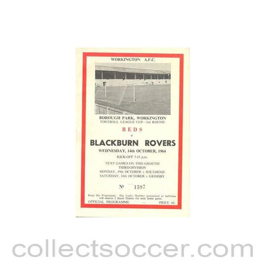 1964 - Workington v Blackburn Rovers official programme 14/10/1964 League Cup - Collect Soccer